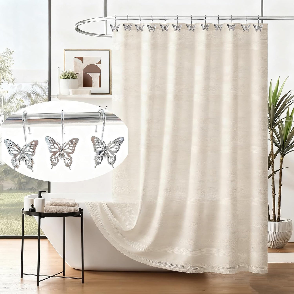 12PCS Decorative Shower Curtain Hooks, Metal Shower Curtain Rings, Rustproof Shower Curtain Hanger for Bathroom, Elegant Butterfly Design (Silver)