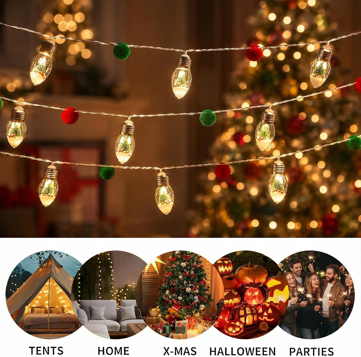 JUSTOTRY 2PC 6.6ft Christmas Lights for Indoor Bedroom Decorations - 10 LED Globe Bulbs String Light with Tree & Snow & Cute Ornaments for Home Patio Decor Fireplace Xmas Tree Decoration