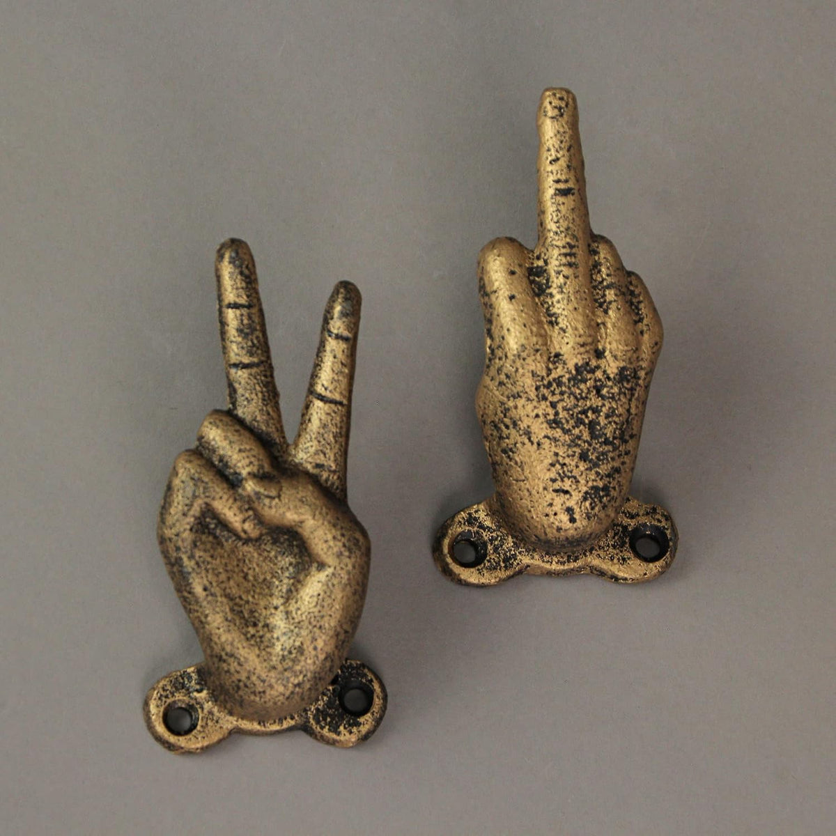 Zeckos Set of 3 Hand Gesture Wall Hooks, Gold Cast Iron Peace Set, 4 Inch