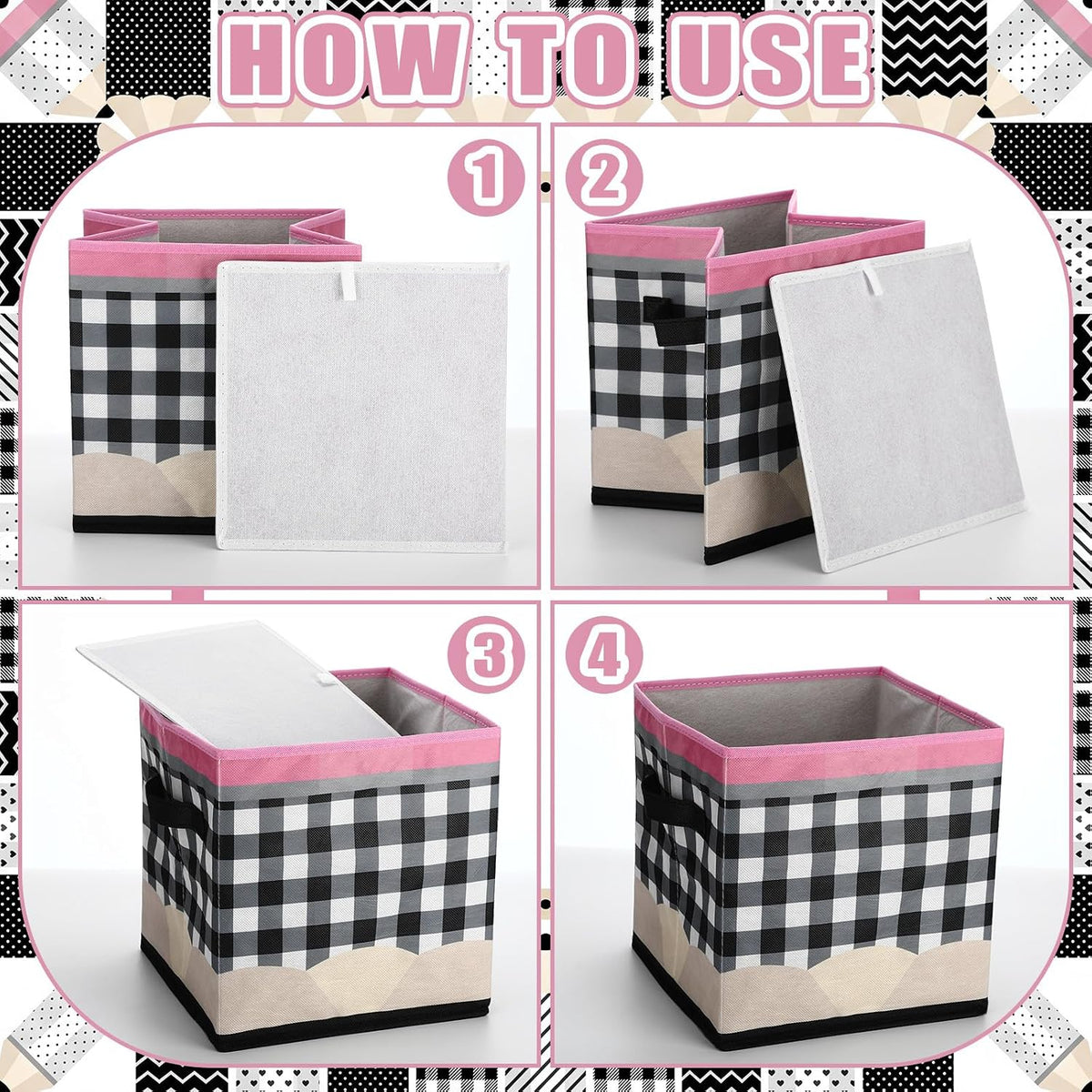 Thyle 6 Pcs 11in Pencil Fabric Bins for Classroom Black White Buffalo Plaid Storage Cube Collapsible Cubby Baskets with Handle for Back to School Kindergarten Daycare Bedroom Teacher Playroom Decor