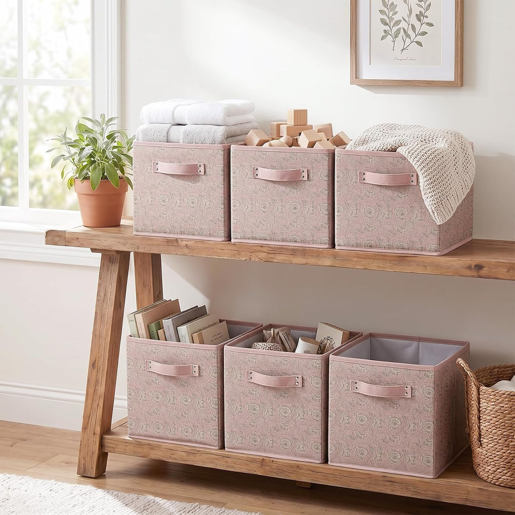 6 Pcs Pink Fabric Vintage Cube Storage Bins 11Inch Storage Basket with Handle, Linen Collapsible Fabric Box for Classroom Bedrooms Office Home Decoration (Pink and beige)