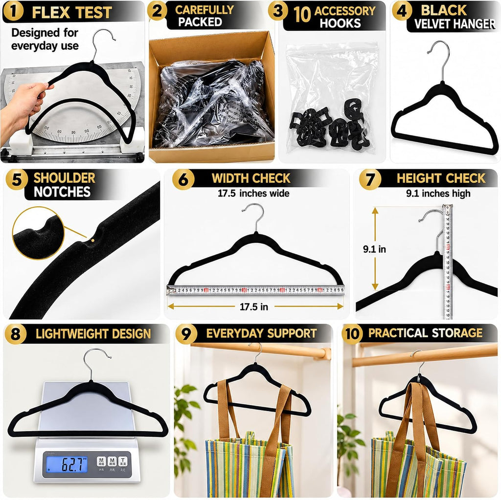 Velvet Hangers 60 Pack with 10 Hooks - Black Non-Slip Clothes Hangers, Ultra Thin Space Saving Design for Coats, Suits, Shirts, Dresses, Pants & Closet Organization