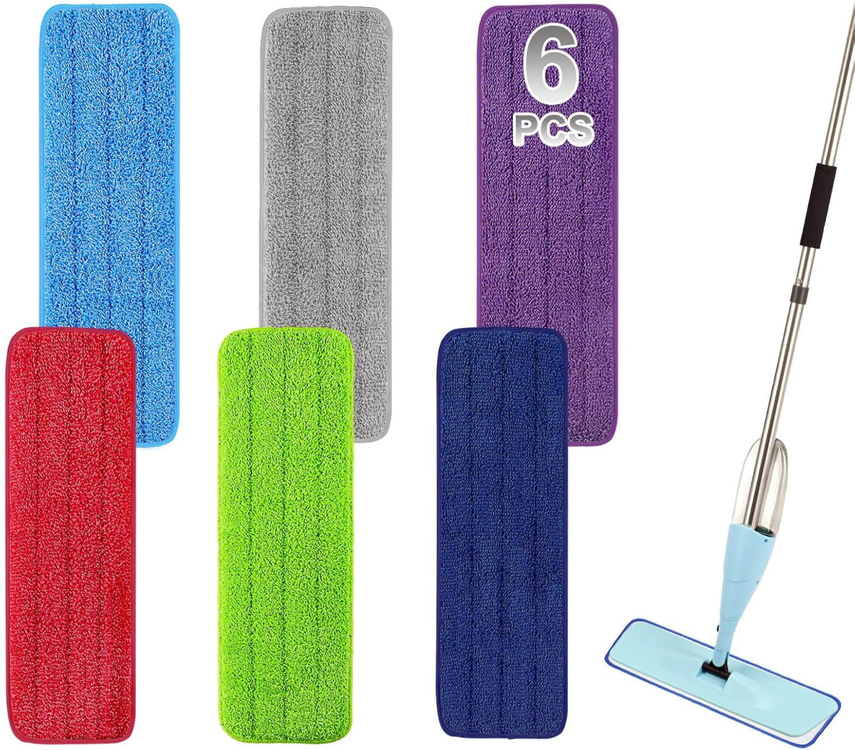 18 inch Reusable Mop Pads Microfiber Spray Mop Replacement Heads for Wet/Dry Mops Compatible with Bona Floor Care System (6 Pack) (Multi-Colored)