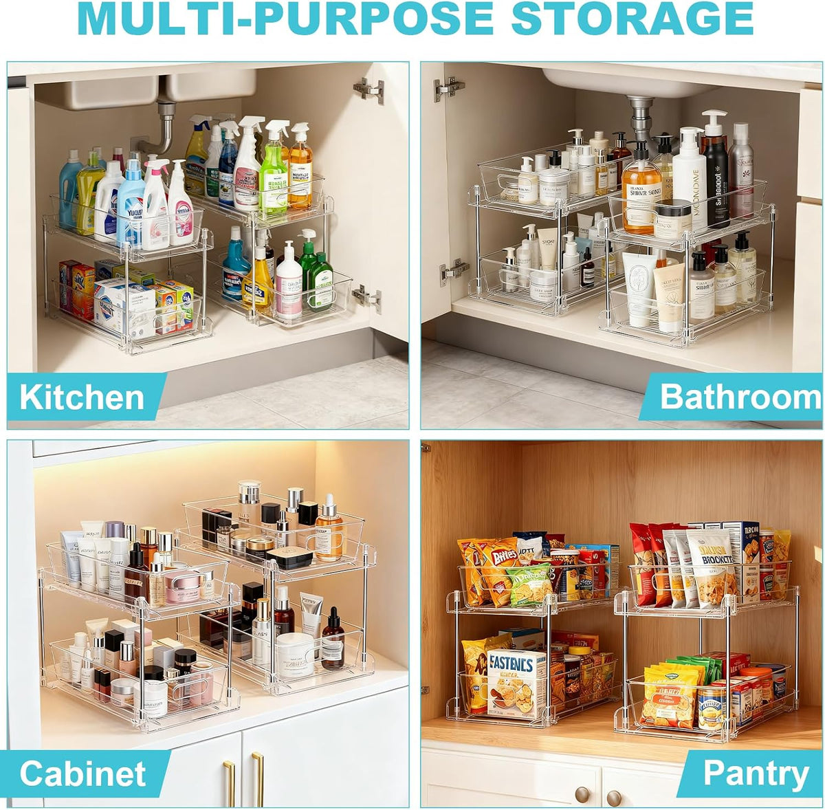 2 Tier Under Sink Organizer Bathroom Organizers and Storage, Clear Stackable Bathroom Cabinet Organizer, Multipurpose Pull-Out Home Organizer for Kitchen and Pantry Storage 2 Pack