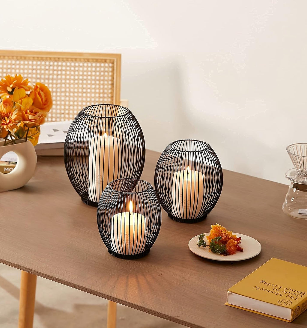 OLEEK Outdoor Candle Holder Decor Set - Black Candle Holder - Candles Holders for Table Centerpiece - Hurricane Candles Holder for Pillar Candles Cage Candle Holders Black Wire Decorative
