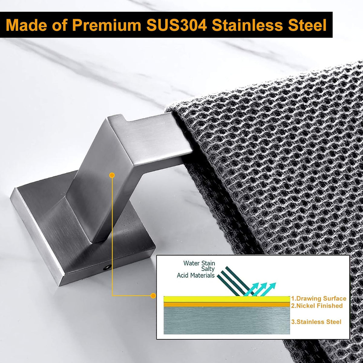 Nolimas Brushed Nickel Bath Hand Towel Bar Single Bars Towel Ring Classic Wall Mounted SUS304 Stainless Steel Bathroom Square Towel Rack Toilet Kitchen Towel Shelf Single Layer