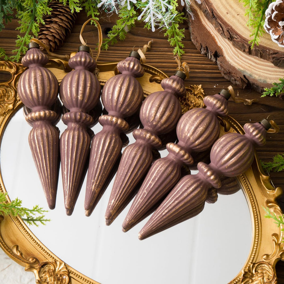 Gunmetal Gold Vintage Finial Christmas Ornaments, 6Pcs Neutral Shatterproof Xmas Tree Ornaments