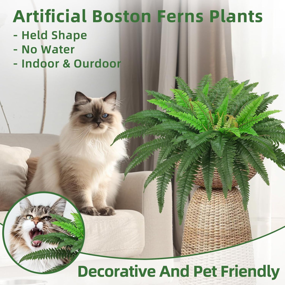 40" Artificial Boston Ferns Bush Plants, Set of 2, Large Faux Ferns Hanging Decor with 53 Fronds, Fake Vines Indoor Or Outdoors Planter for Home and Office Decor