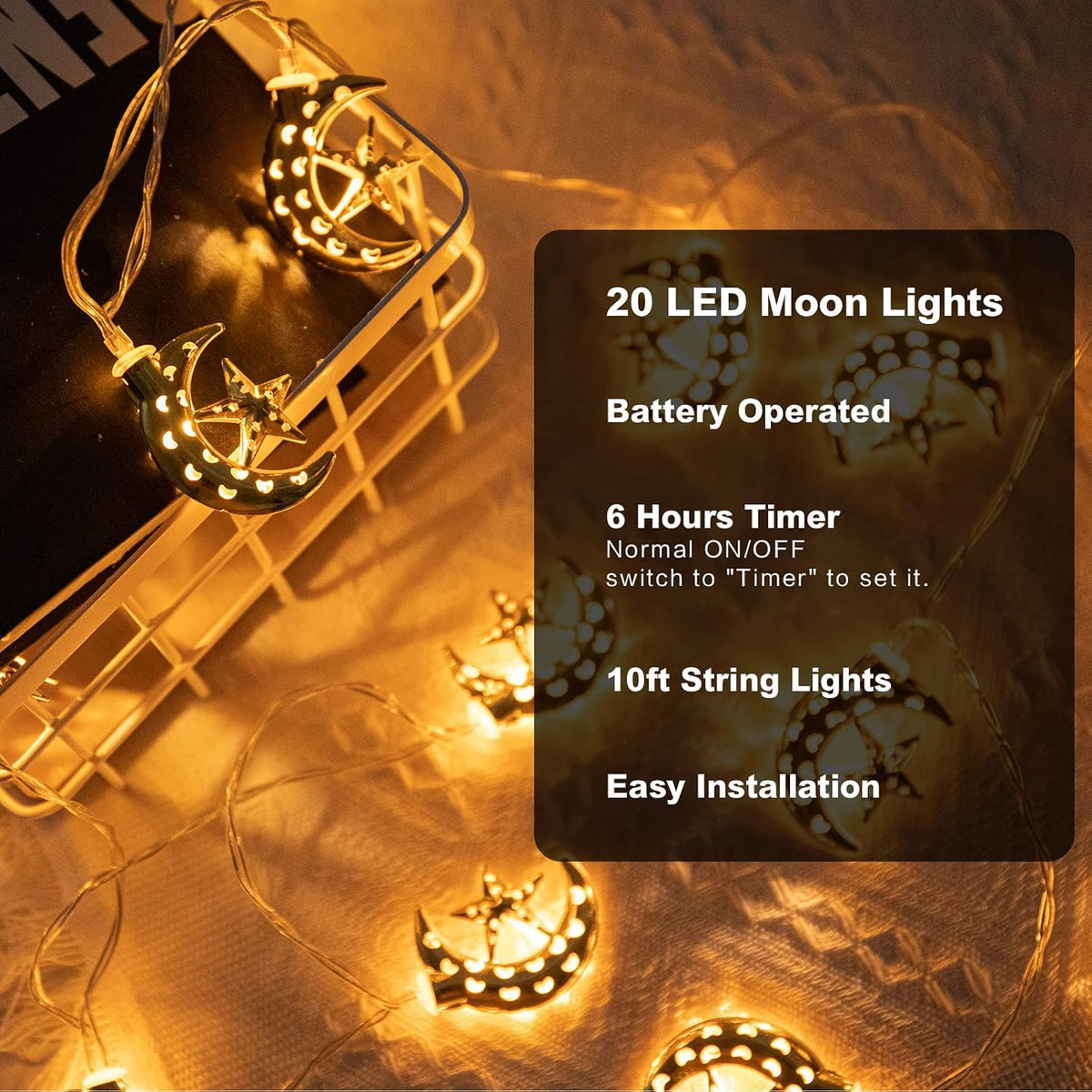 Vigdur Moon String Lights, 10FT Moon Lights Battery Operated with Timer