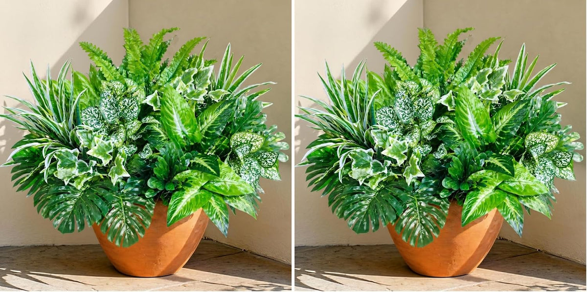 obbsie 16 Bunches Fake Plants Outdoor UV Resistant Artificial Bushes Green Boxwood Shrubs Faux Plastic Plants Greenery Stems for Spring Outdoor Garden Patio Front Porch Yard Home Decor (Pack of 2)