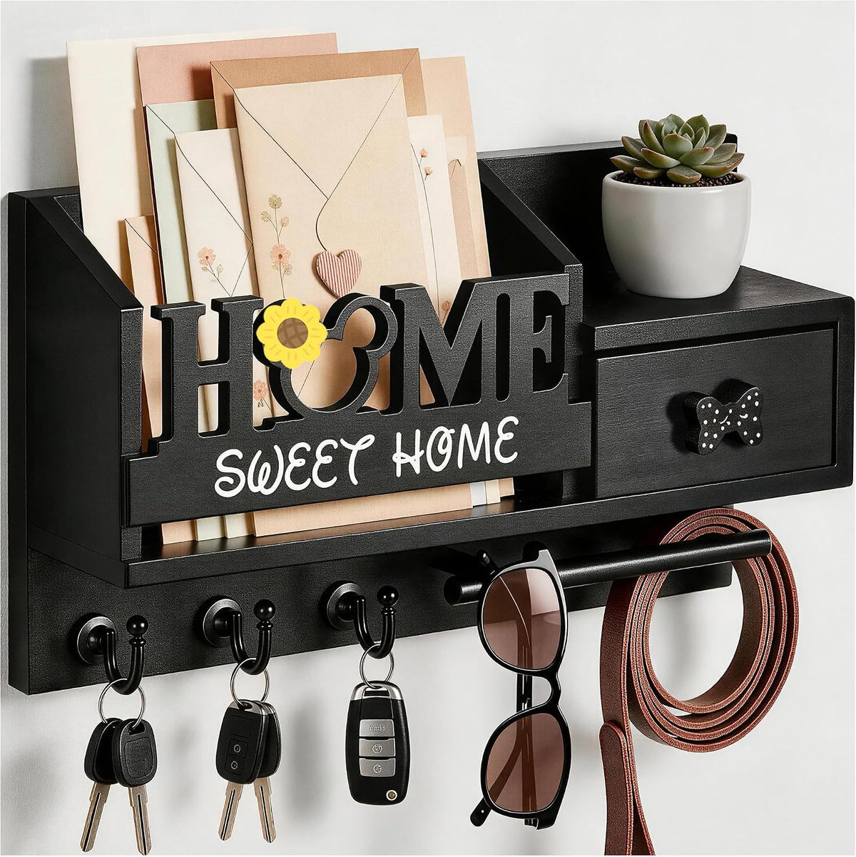 Key Holder Wall Mount with 3 Hooks and Storage Drawer, Home Mail Organizer