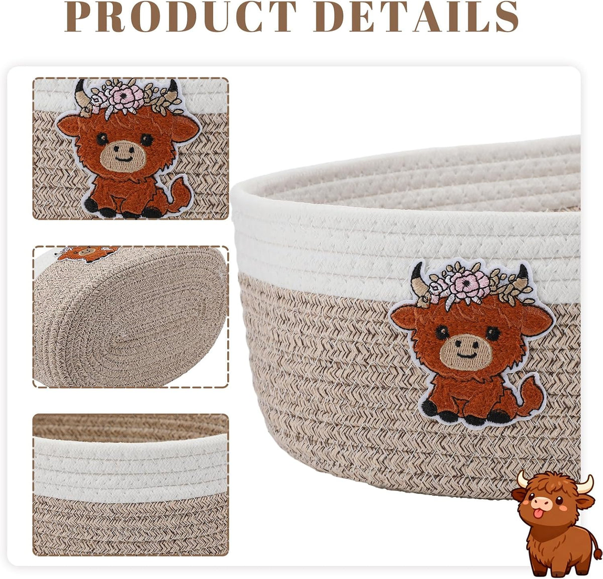 Geelin 3 Pcs Highland Cow Baskets for Gift Cute Farmhouse Brown Woven Rope Gift Baskets Shelf Organizer Laundry Hamper Storage Bin for Closet Bedroom Decor Nursery Toy Organizing, 11.8''x7.8''x4.7''