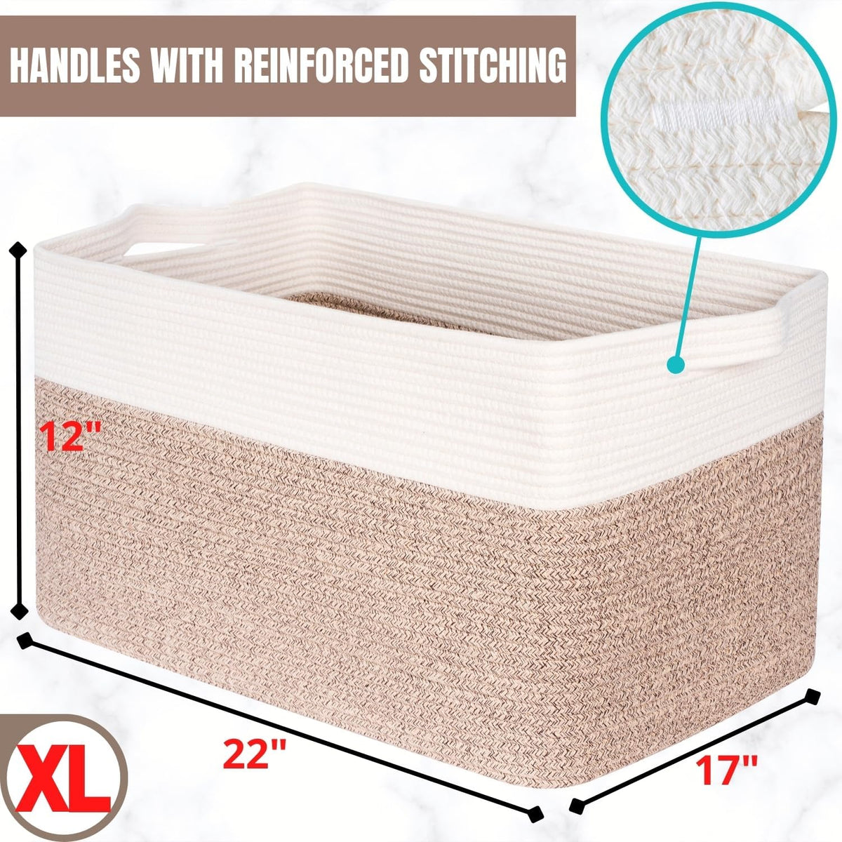 MINTWOOD Design 22in Extra Large Blanket Basket Holder Living Room, Rectangle Rope Woven Storage Basket with Handles for Laundry, Pool Towels, and Shoes, Dog Toy Organizer Bin Box, Light Brown