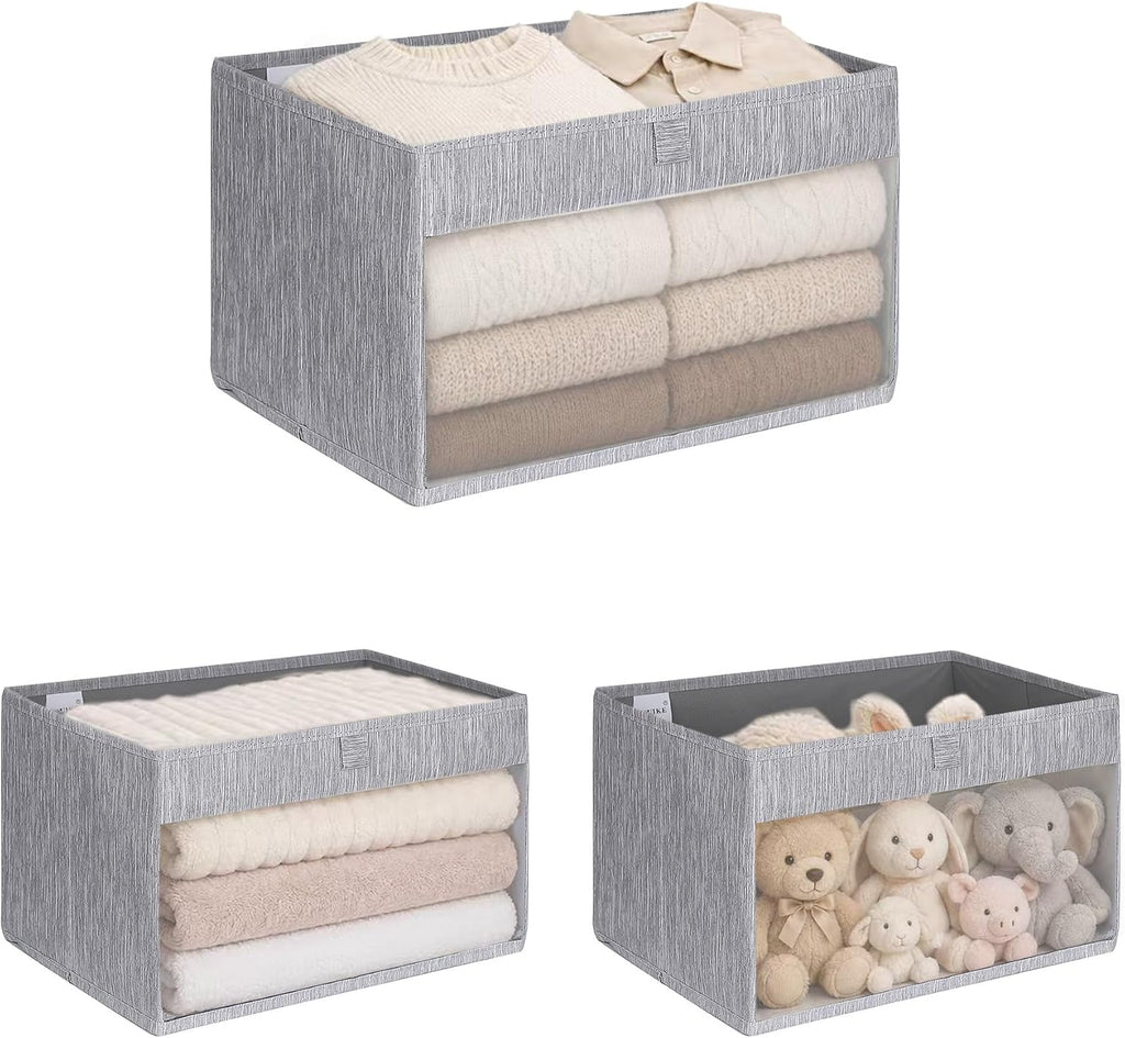 WUIKE Foldable Storage Bins, Clear Window Bins, Light Gray, Large, 3-Pack