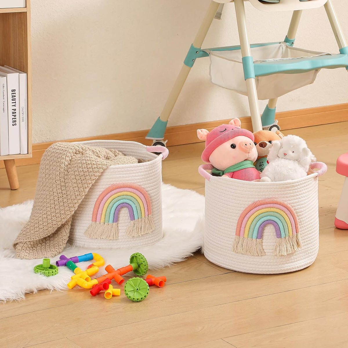 Toy Storage Baskets Woven Cotton Rope Storage Basket with Rainbow Decor for Kids, Blanket Baskets for Living Room Toys Organizer Rainbow Baby Gifts Basket with Handle for Girls Nursery Playroom
