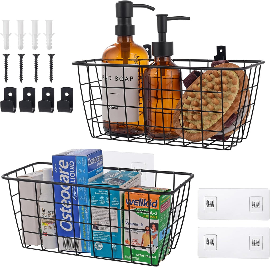 Wire Hanging Wall Basket, 2 Black Metal Baskets, Adhesive Cabinet Organizer