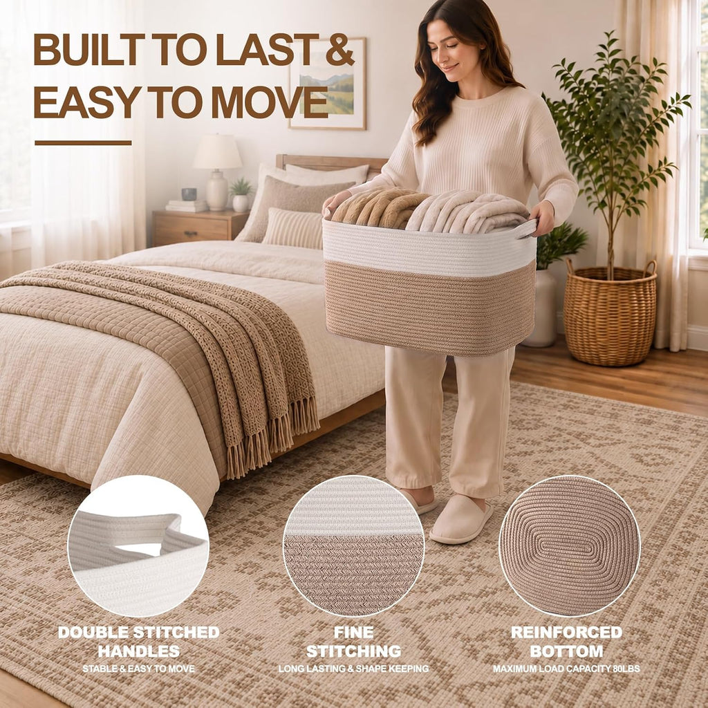 OIASKET Blanket Basket for Living Room, Cotton Rope Basket for Storage, Toy Baskets Bin for kids, Woven Baskets with Handles for Clothes, Towels, Pillows, 20" x 16" x 12", Brown and White