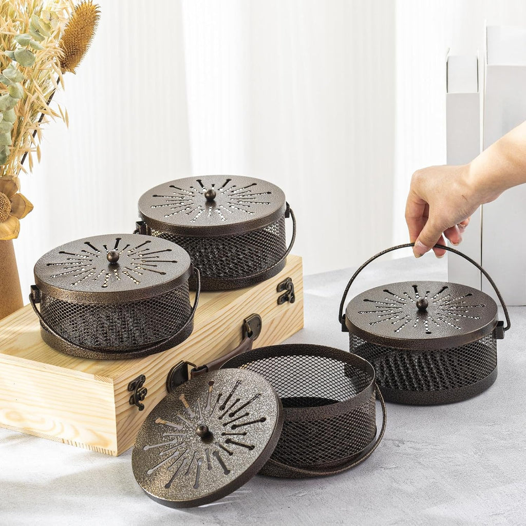 Lallisa 4 Pieces Mosquito Coil Holder Incense Coil Holder Round Retro Portable Metal Hanging Incense Burner with Handle for Home Camping Indoor Outdoor Patio(Bronze)