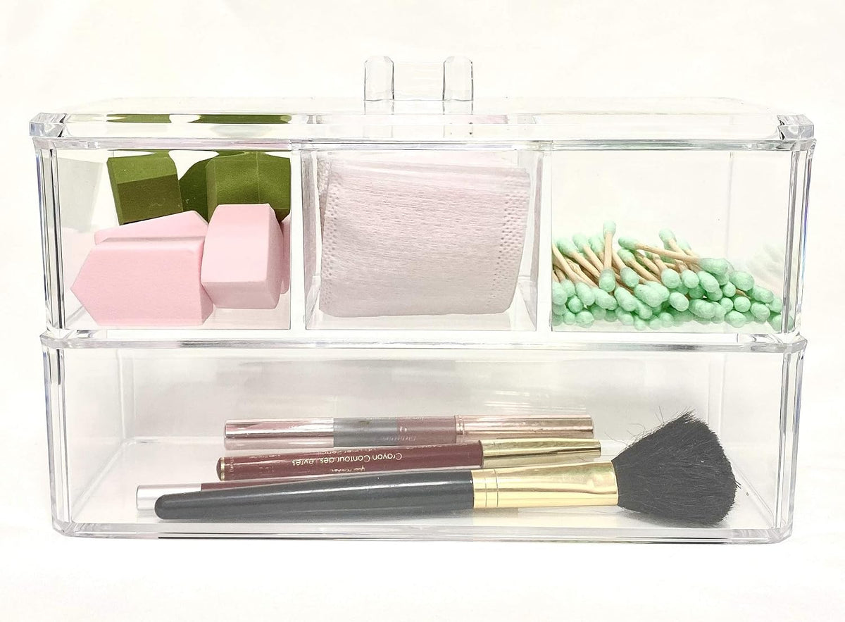 Square Acrylic Cotton Ball Pads Gauze Swab Holder Organizer Q-tip Dispenser Storage Canister Bathroom Container Flossers Box Case (9.3x3.7x5.1 in, 2 Tiers, 4 Partitions, Transparent)