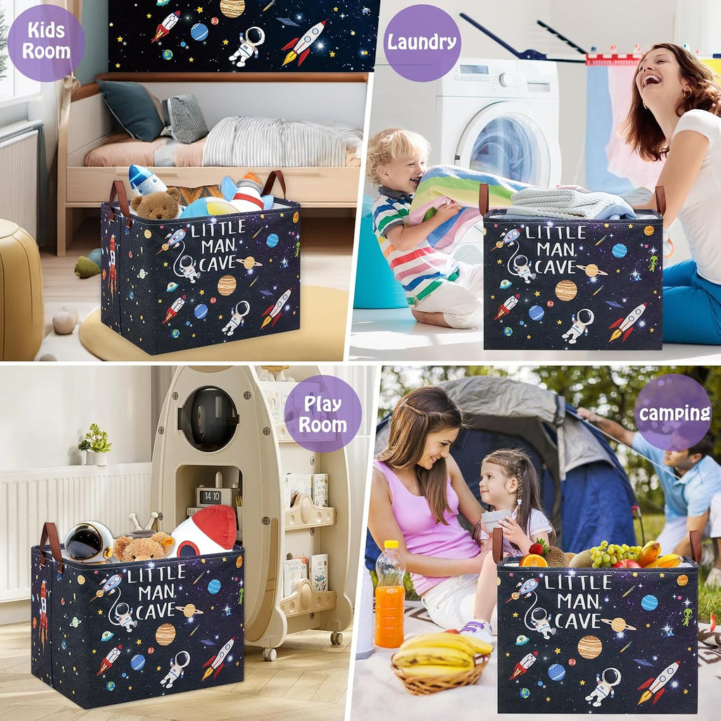 Outer Space Room Decor Basket, Astronaut Storage Basket with Inspirational Quotes,Planets Boy Room Decor Shelf Hamper ,Rectangular Clothes Book Toy Storage Bin (Black)