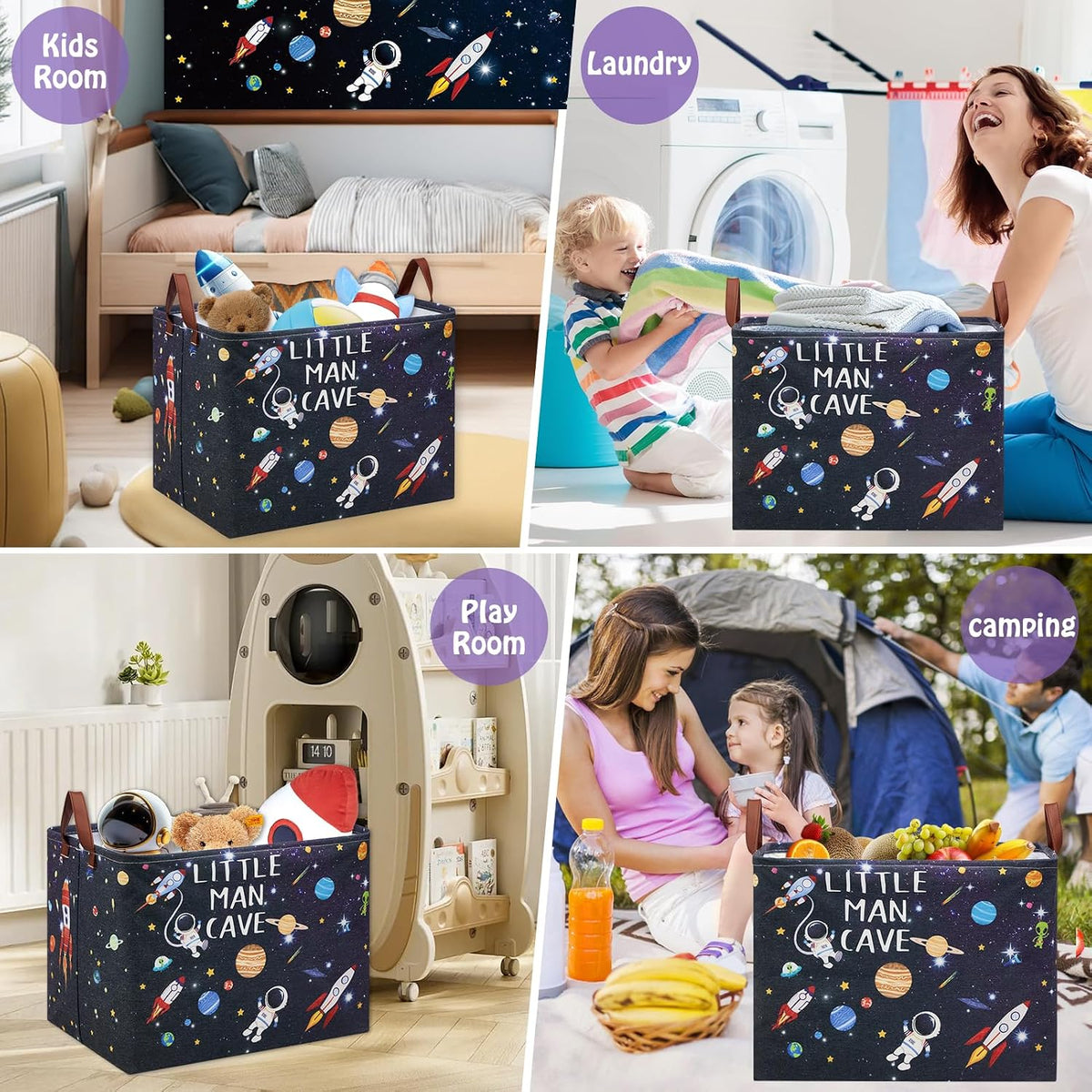 Outer Space Room Decor Basket, Astronaut Storage Basket with Inspirational Quotes,Planets Boy Room Decor Shelf Hamper ,Rectangular Clothes Book Toy Storage Bin (Black)