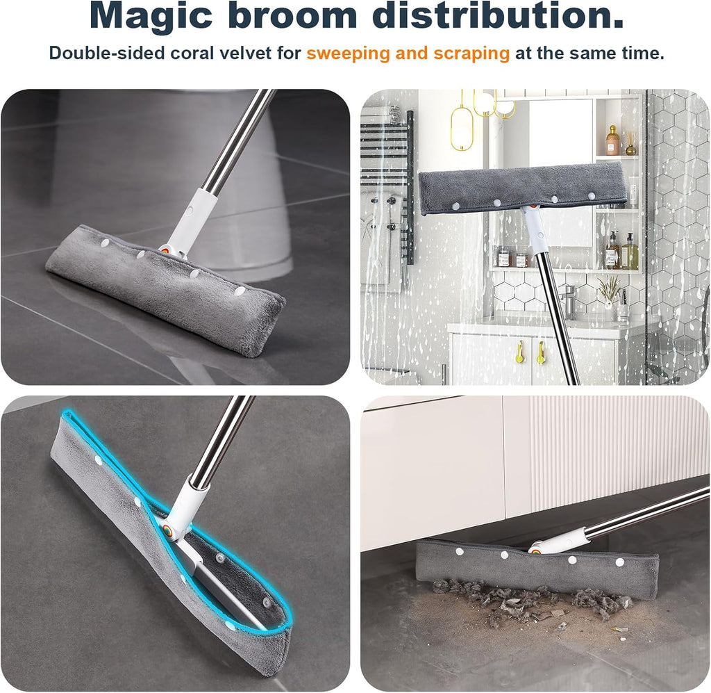 Rubber Squeegee Broom for Floor,Upgrade 62" Long Handle Window Squeegee, 2 Cleaning Cloths, Silicone Pet Hair Remover,Magic Broom Removes Water Spots, Stains, Grease, and Hair from Glass Surfaces.