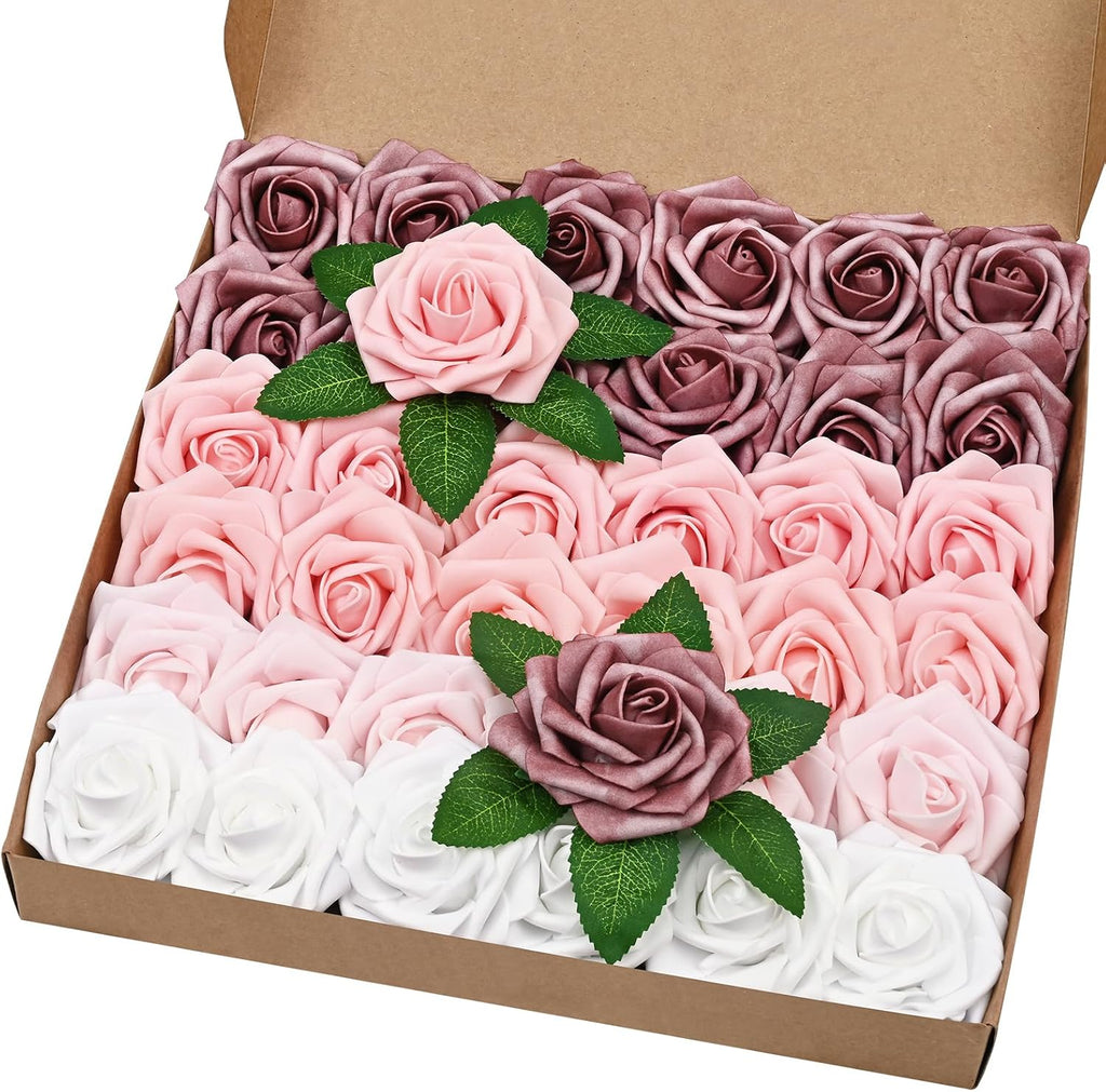 BLEUM CADE 36Pcs Artificial Flowers Fake Foam Roses with Stems for Wedding