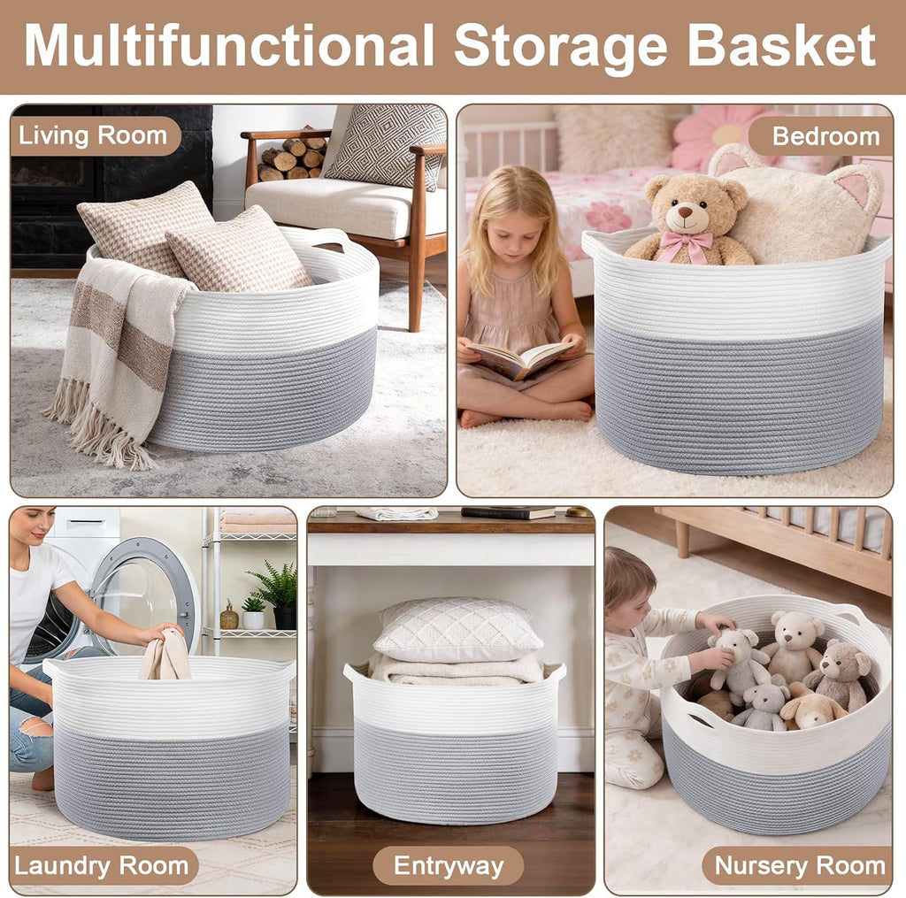 XXL Large Laundry Basket, 90L Soft Cotton Rope Basket, Blanket Storage and Organizers, Baby Nursery Laundry Hamper, Extra Large Toys Storage Bins for Kids 23'' x 13'', White & Gray