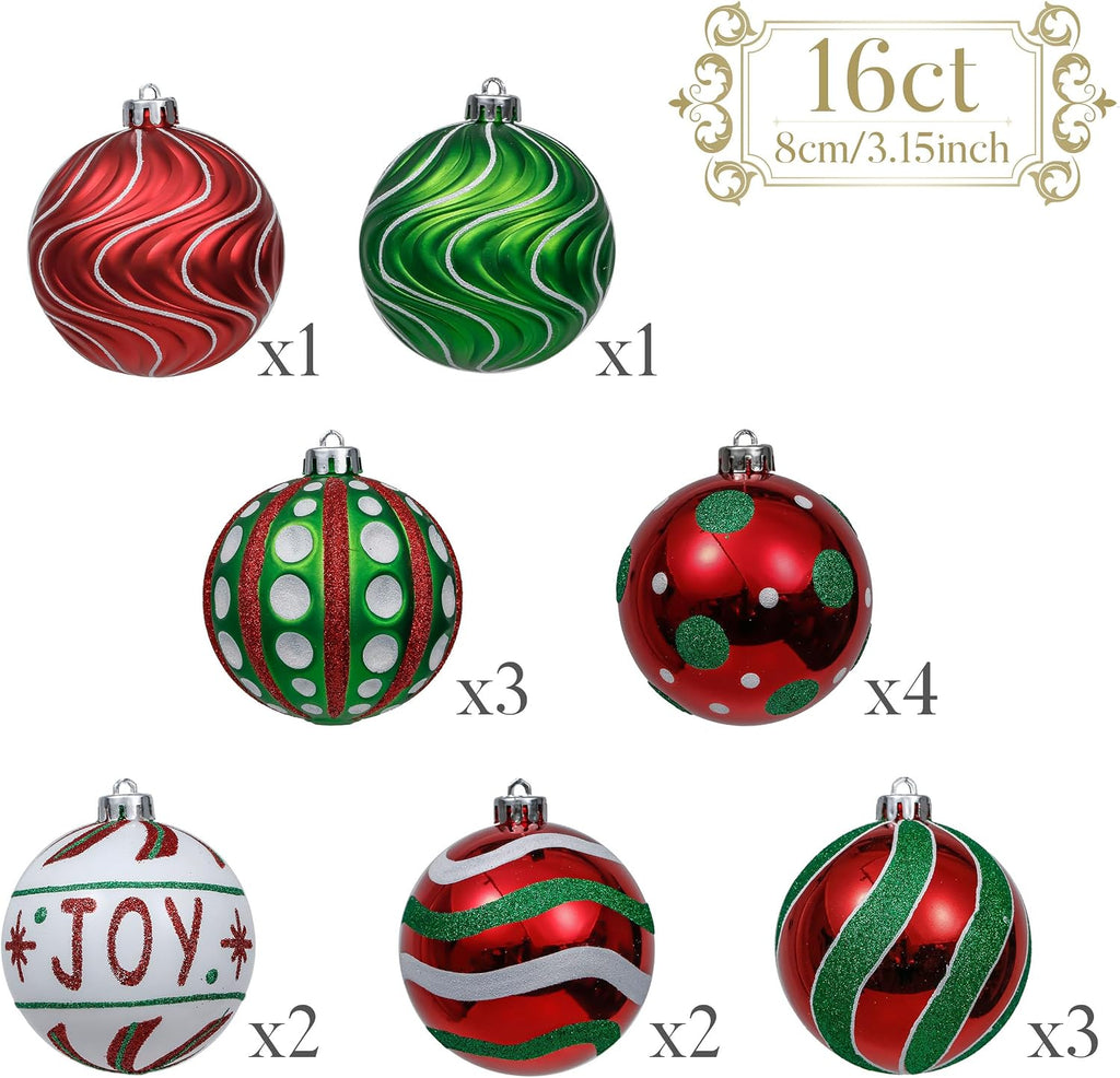 Valery Madelyn Christmas Ornaments Set, 16ct Red Green White Shatterproof Christmas Tree Decorations Ball Ornaments Bulk, 3.15 Inch Hanging Ornaments for Xmas Trees Holiday Party Decor