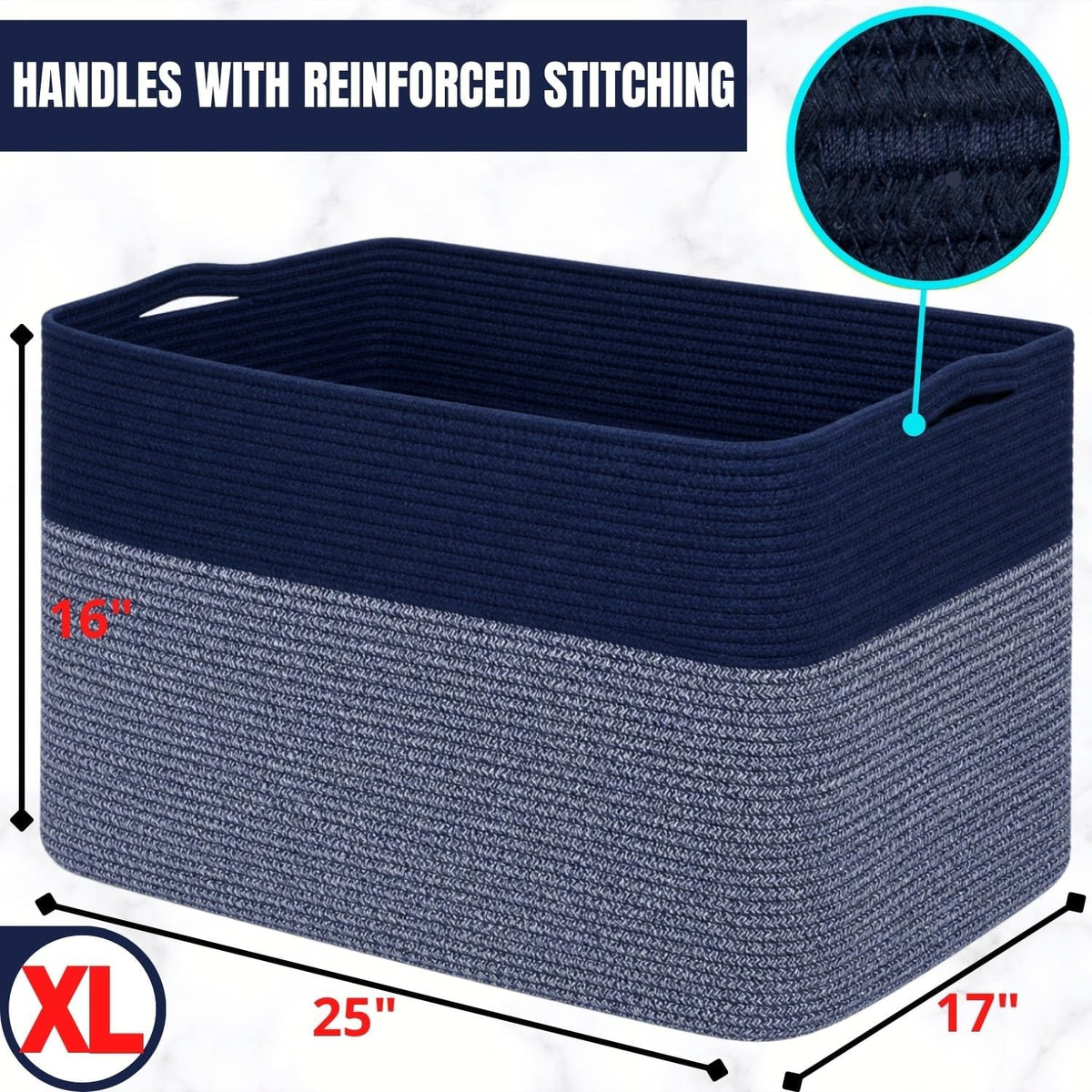 MINTWOOD Design 112L Extra Large Blanket Basket Holder Living Room, 25"x17"x16" Rectangle Rope Woven Storage Basket with Handles for Laundry, Towels, Shoes, Dog Toy Organizer Bin Box, Navy Blue