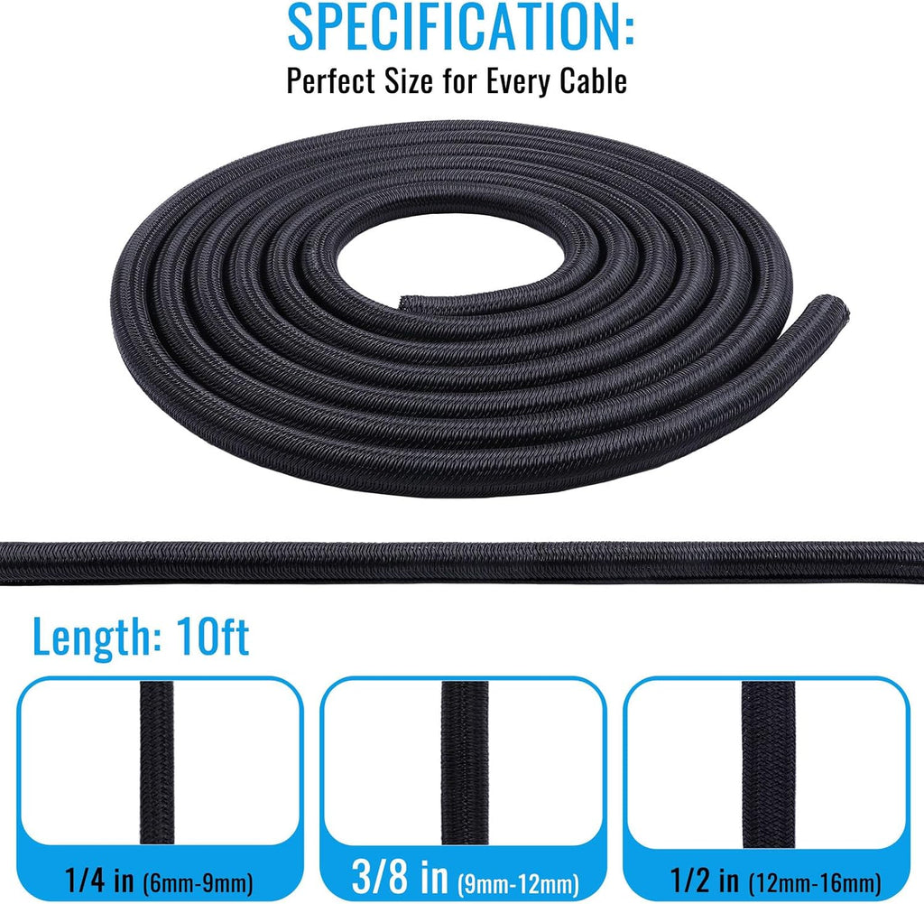3/8" - 10Ft Split Braided Cable Sleeve, Wire Loom Tubing, Black