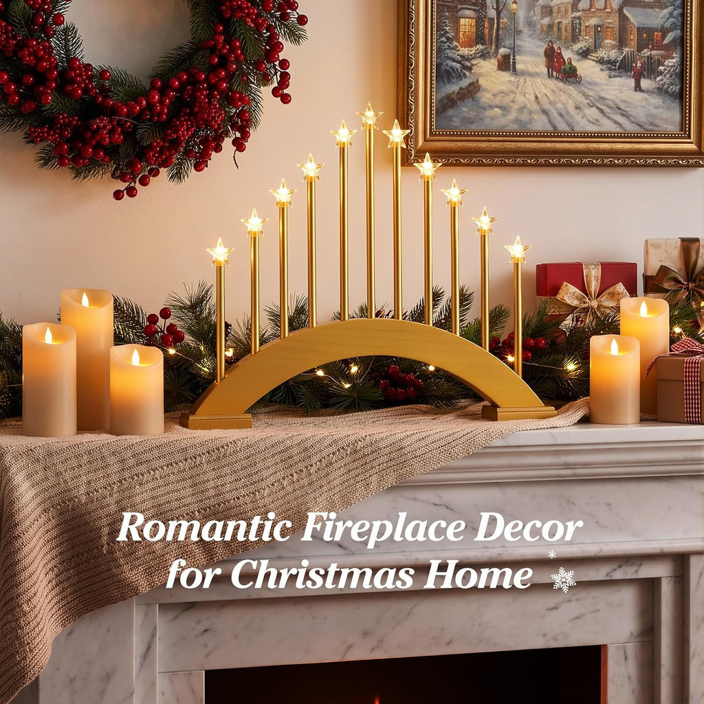 Lewondr Christmas Swedish Candelabra, 11 Flameless Taper Candles, Gold