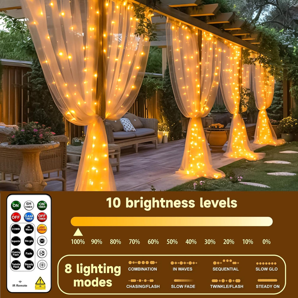 HXWEIYE Rechargeable 300LED Curtain Lights Battery Powered,9.8x9.8Ft,Remote