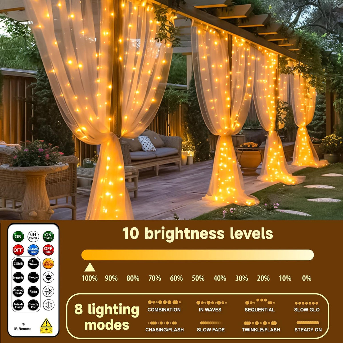 HXWEIYE Rechargeable 300LED Curtain Lights Battery Powered,9.8x9.8Ft,Remote