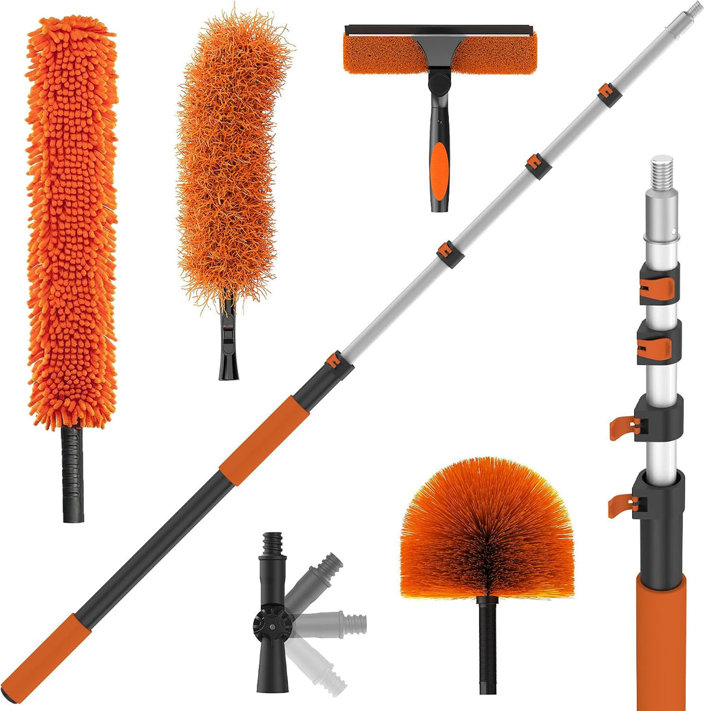30FT High Reach Duster Kits with 5-24FT Extension Pole, Cobweb Duster with Telescoping Pole, Washable Ceiling Fan Cleaner & Window Squeegee for Glass Surfaces & High Roof