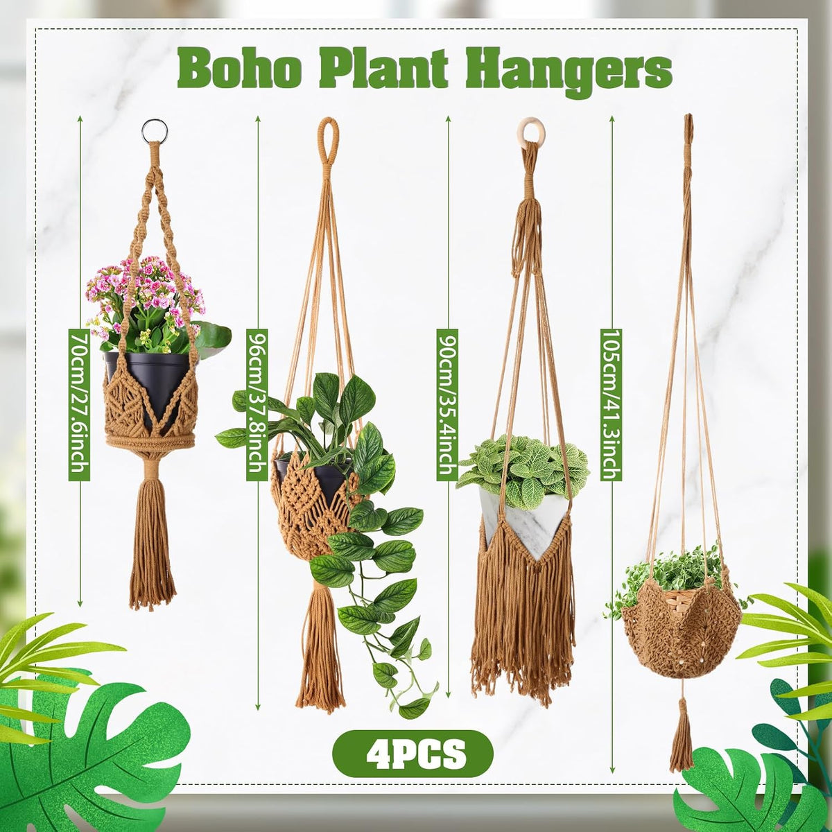 4 Packs Macrame Plant Hangers Indoor Hanging Planters, Brown