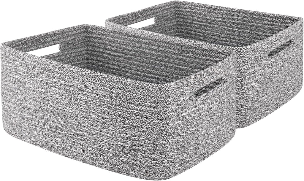 OIAHOMY Storage Basket for Shelves, Closet Cube Storage Bins Baskets for Clothes Blanket Towels, Baby Nursery, Toy Baskets Box, Woven Rope Basket, 15.75 * 11.81 * 7.09 IN, 2 Packs Grey