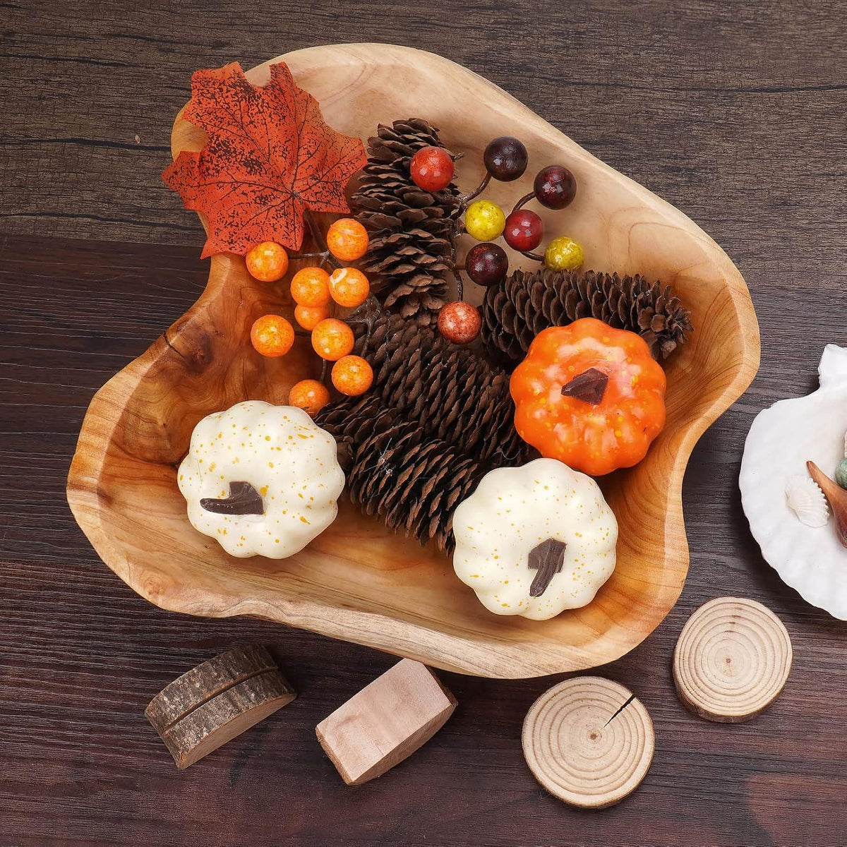 Wooden Bowl for Decor, Natural Shape Solid Wood Carved Fruit Bowl, Decorative Wooden Bowl for Table Centerpiece Office Home Decor, Multipurpose Candy Keys Serving Bowls (Small 8"-10")
