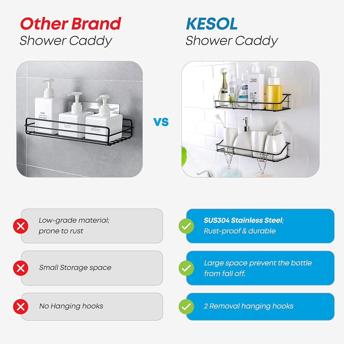KESOL Adhesive Shower Caddy, Shower Shelf Organizer, SUS304, 2 Pack, Black