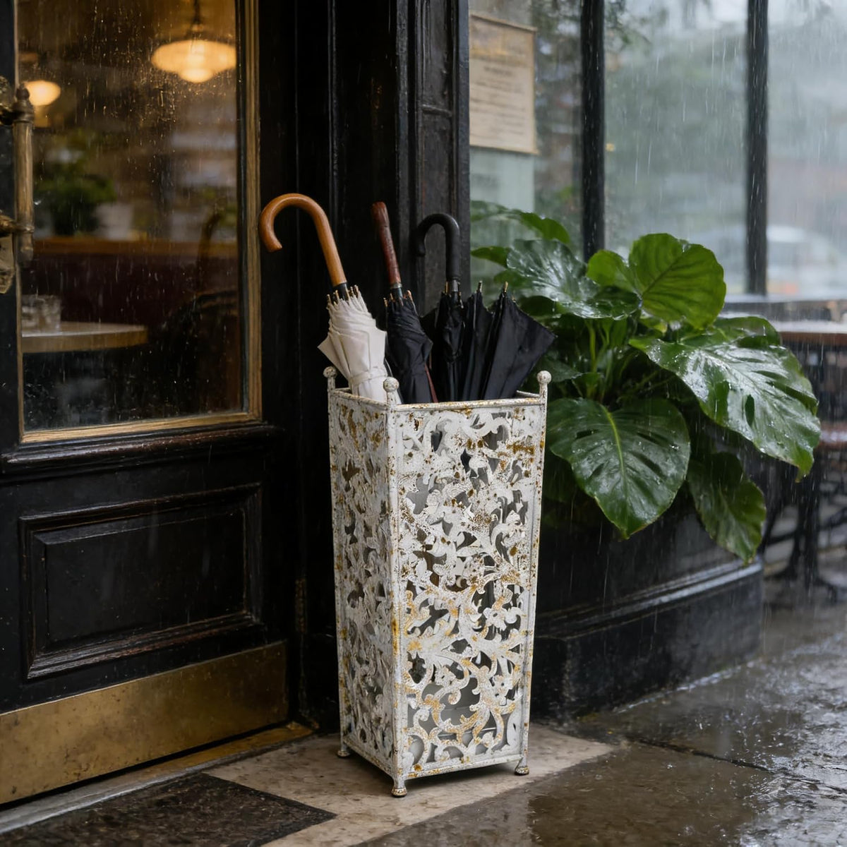 Vintage White Metal Umbrella Holder with Ornate Cutout Pattern Antique Decorative Umbrella Stand with Detachable Drip Tray for Entryway Storage Umbrellas Canes & Walking Sticks (White)