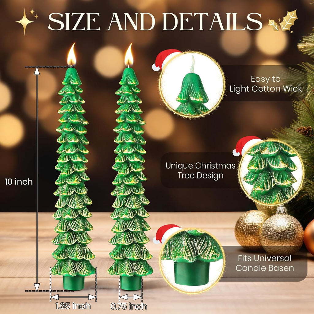 2 Pcs 10 Inch Christmas Tree Candles, Premium Natural Unscented Beeswax Christmas Tree Shaped Taper Candles with Cotton Wick, for Xmas Holiday Decor Party Banquet (Green with Gold Trim)