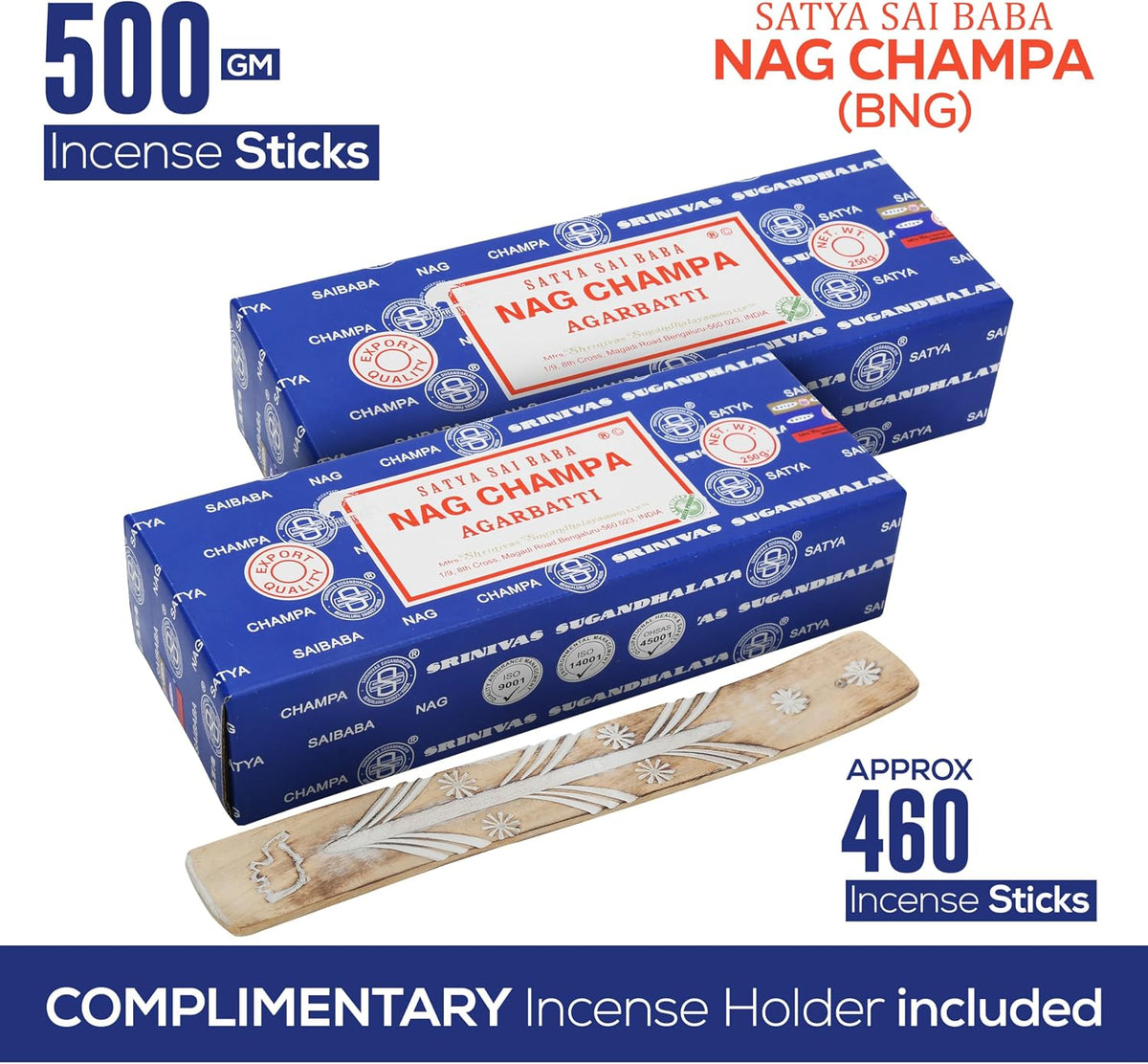Satya Nagchampa Incense Sticks 250 gmx 2 Pack (500 GMS), Satya BNG (Bangalore) Insenses with Raajsee Incense Holder Bundle, Satya Nagchampa Natural Incense