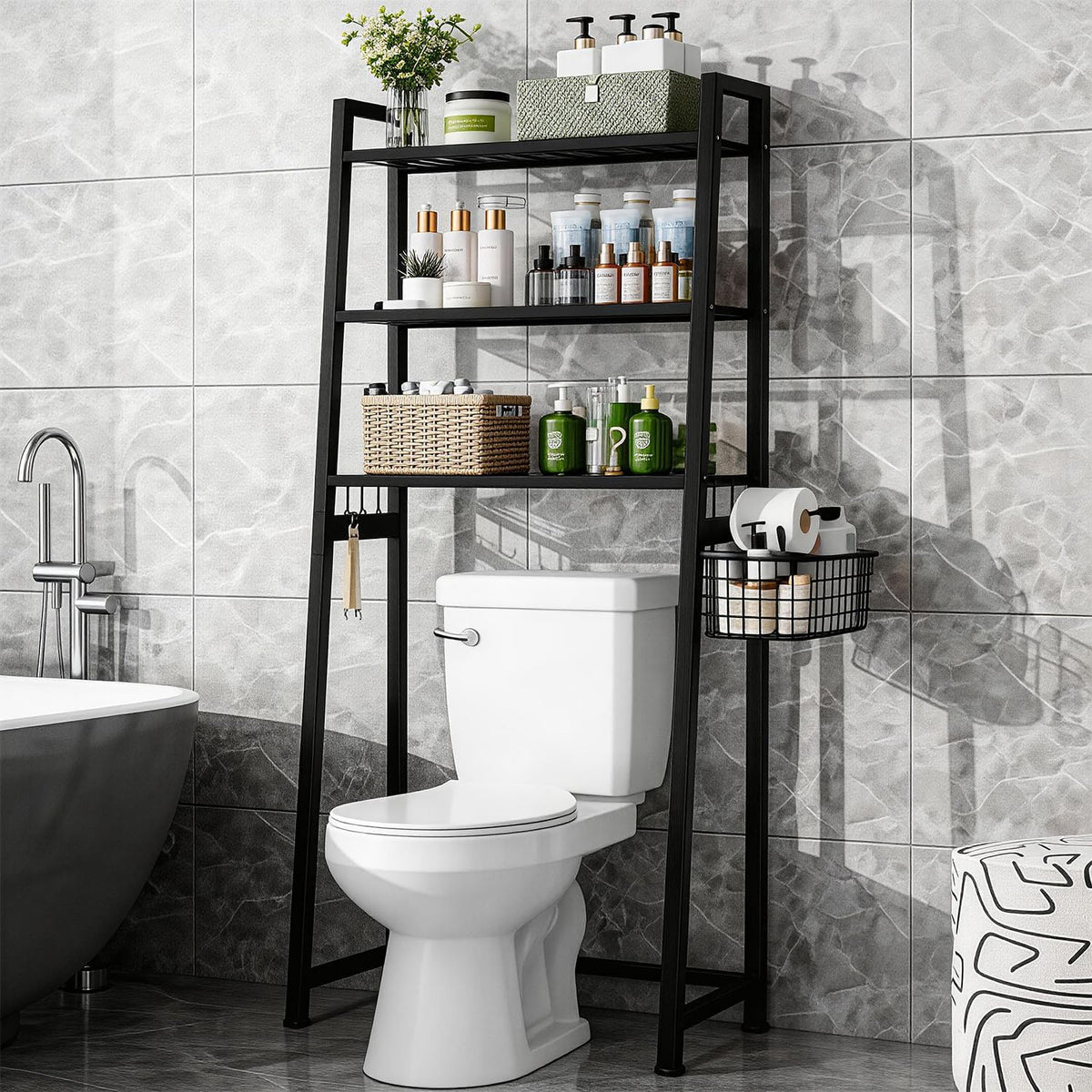 Over The Toilet Storage, Wooden 3-Tier Over-The-Toilet Rack Bathroom Space Saver Organizer, Freestanding Above Toilet with Toilet Paper Holder and Hooks（Black）