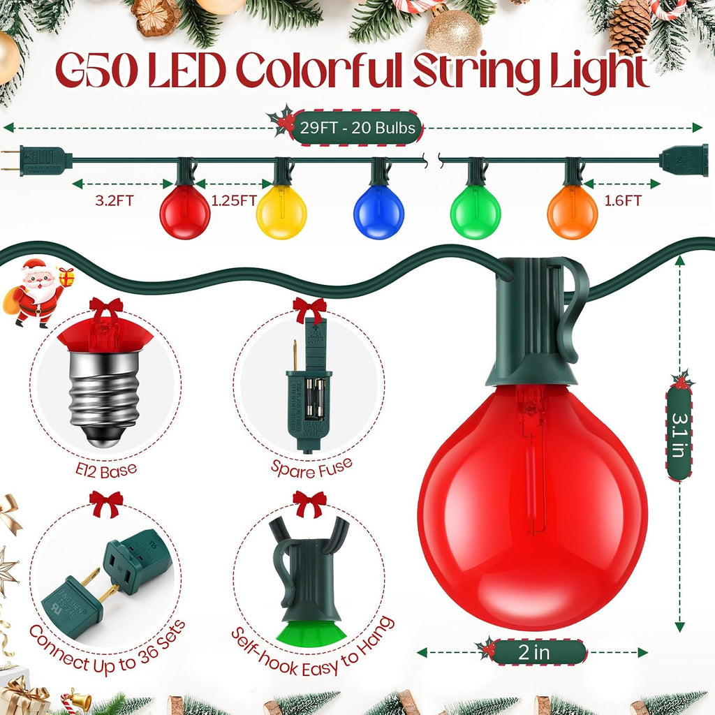 G50 Globe Christmas Lights, 29 Ft Globe Christmas Tree Lights with 20 Round LED Bulbs Green Wire Connectable String Light for Yard Patio Porch Pergola Xmas Tree Decor(Colorful)