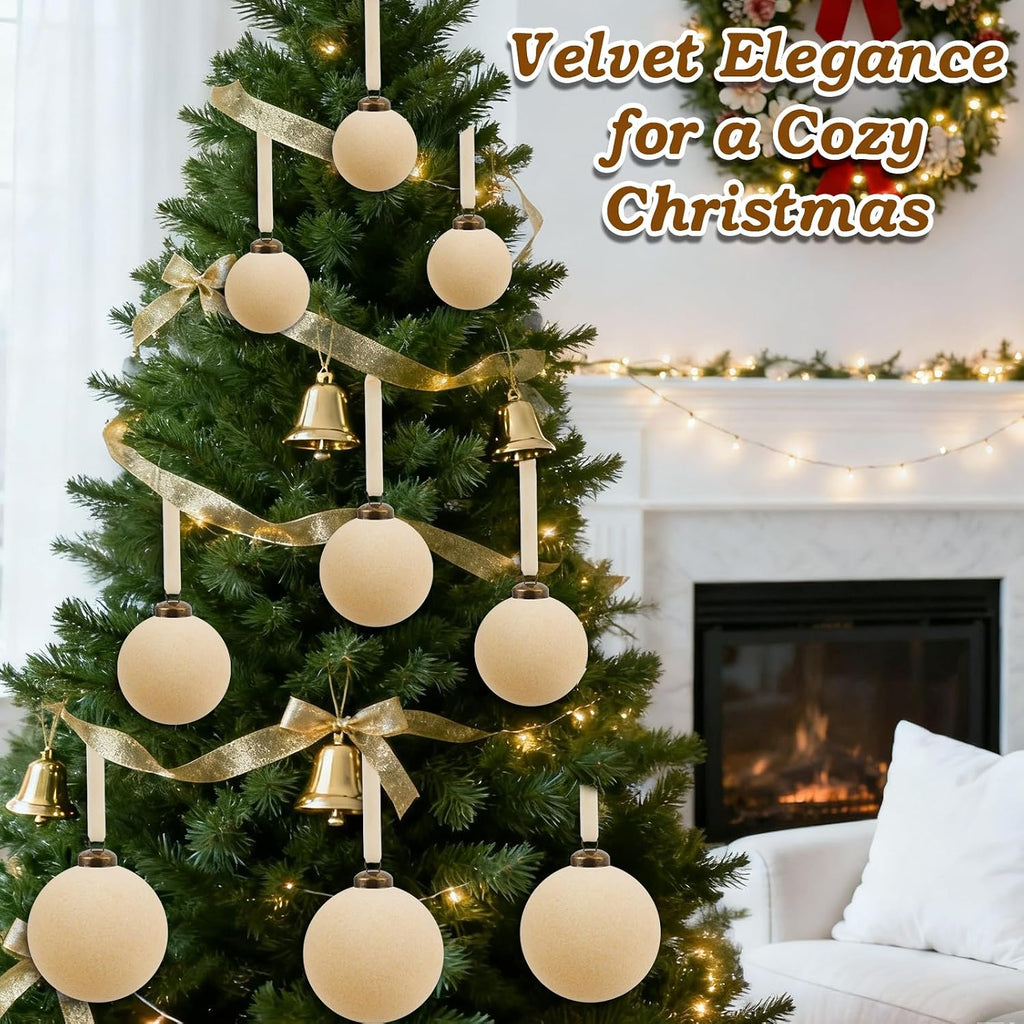 Beige Velvet Ornaments for Christmas Tree, Cream Flocked Ornaments