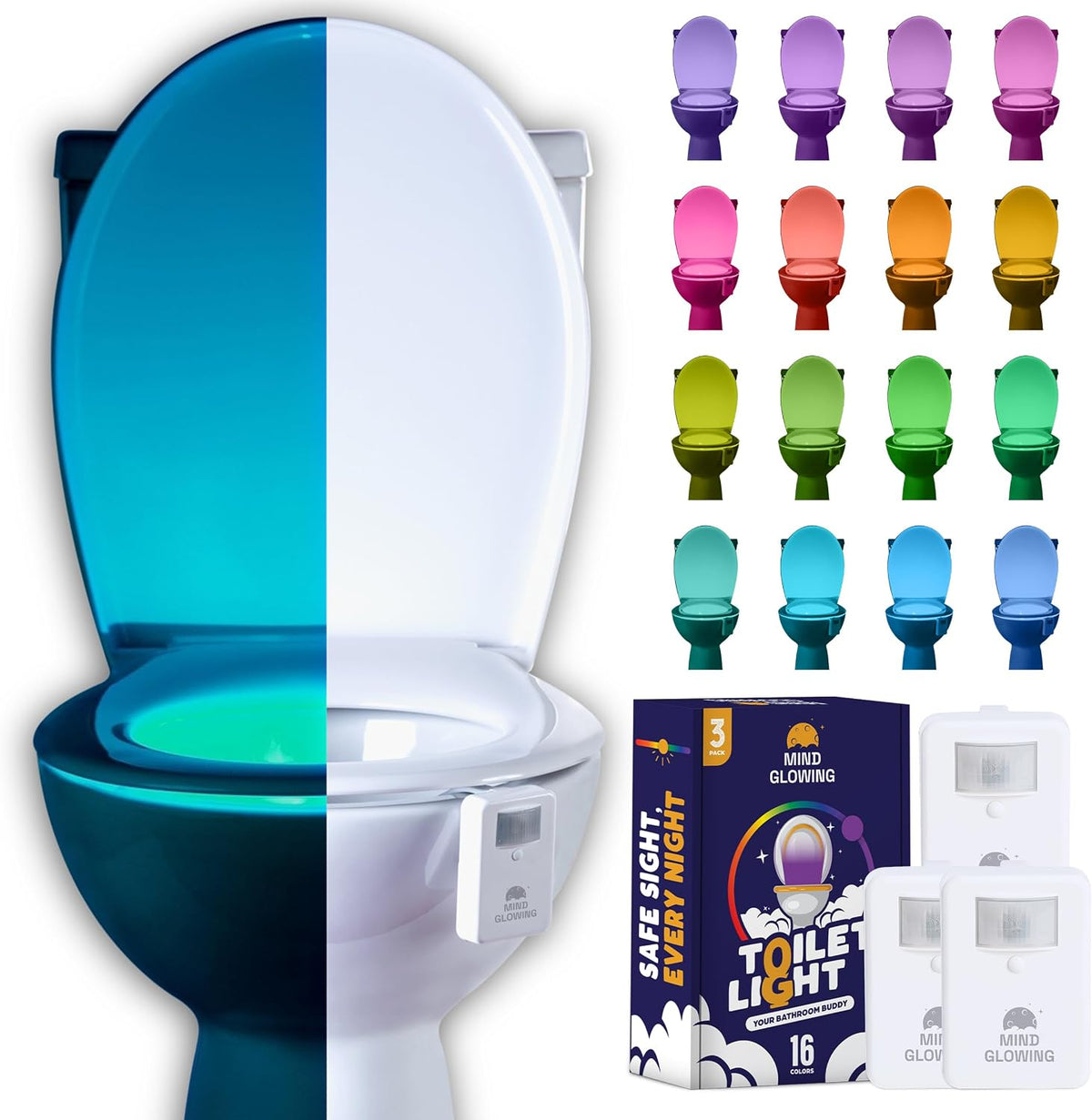 Mind-Glowing Toilet Night Light, Motion Sensor, 16 Colors (3 Pack)