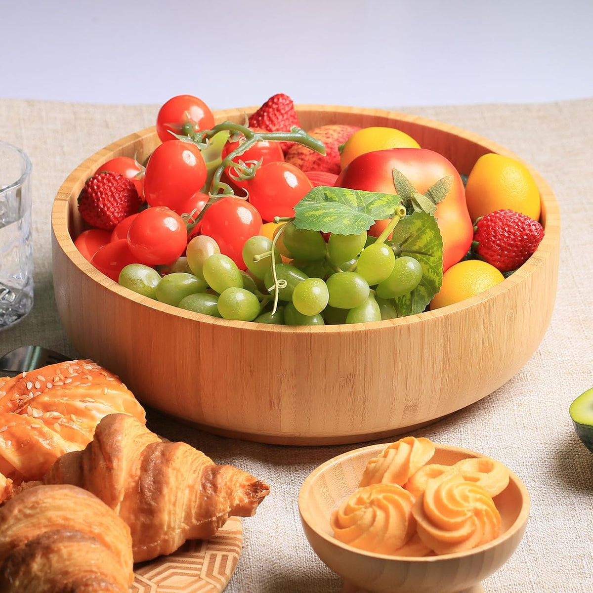Large Fruit Bowl for Kitchen Counter, 10 Inch Bamboo Wooden Straight-Side Serving Bowl for Salad, Vegetables and Fruits, Rustic Decorative Bowls for Dinner Table Centerpiece Decor, 100 Oz