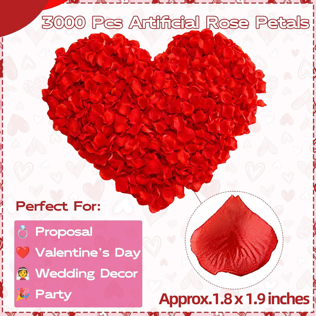 3000 Pcs Rose Petals Artificial Flowers Silk Petals Table Scatters for Romantic Special Night Decorations, Weddings, Valentine's Day, Proposals, Anniversaries, Bridal Showers Party Decor (Red)