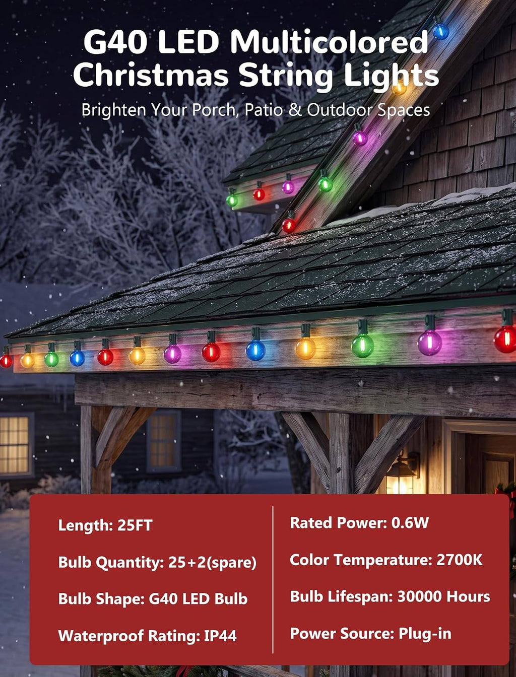 25FT G40 LED Multicolor Outdoor String Lights, 25 Shatterproof Globe Bulbs