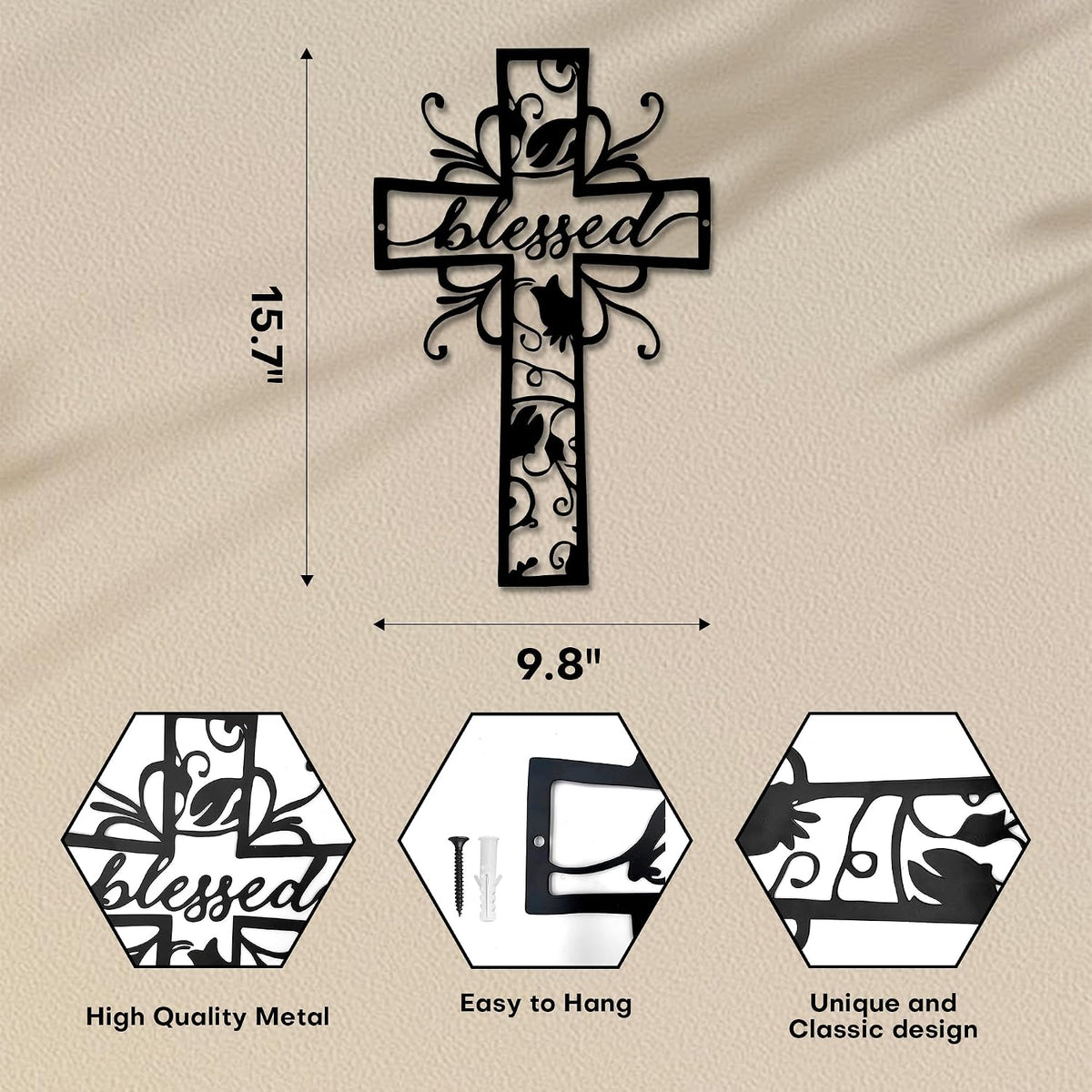 Rajukit Blessed Christian Metal Cross Wall Art for Home